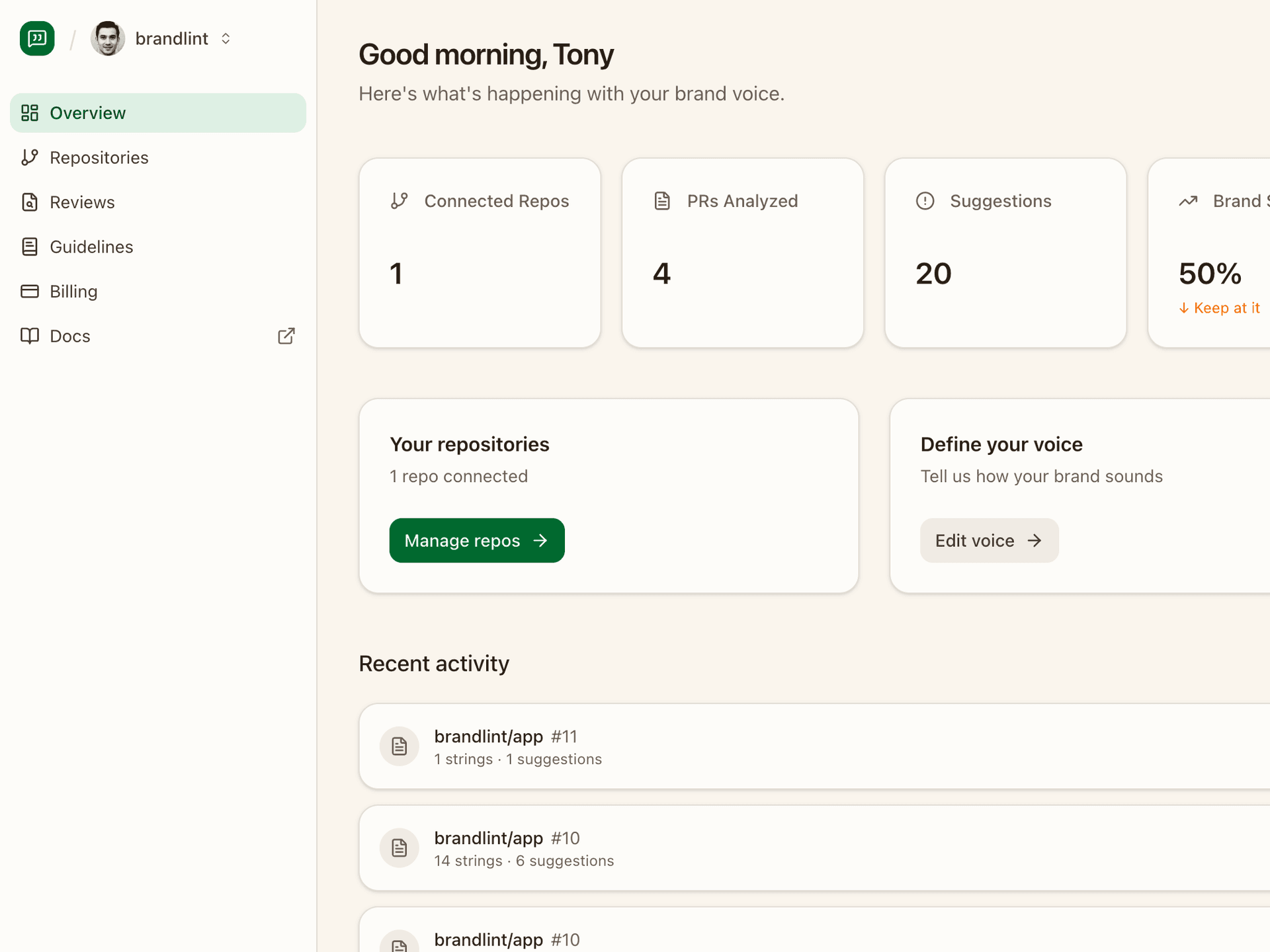 Brandlint dashboard showing PR reviews across repos